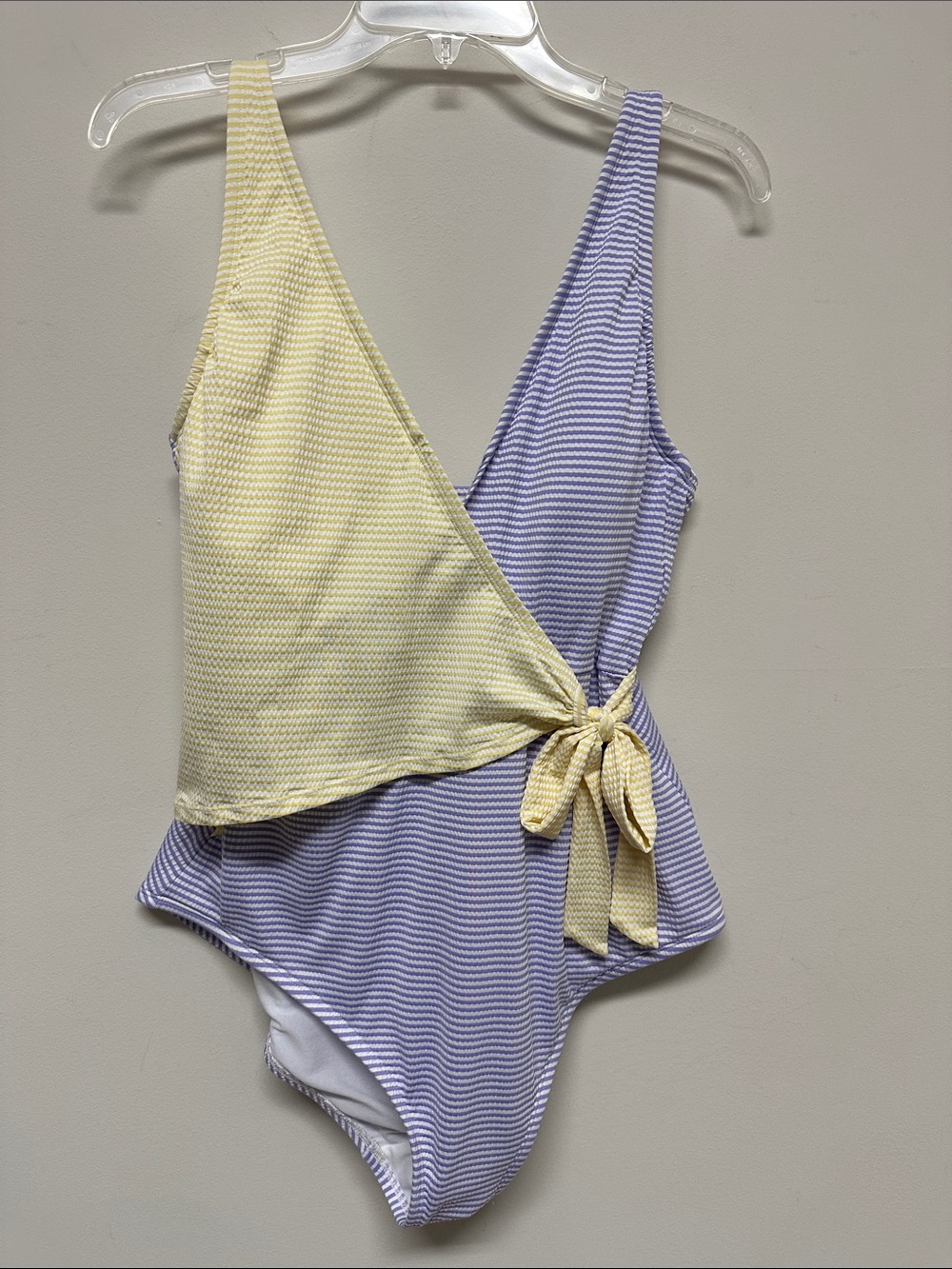 NWOT Kona Sol Yellow & Lavender Sear Sucker Wrap One-Piece Swimsuit size XL